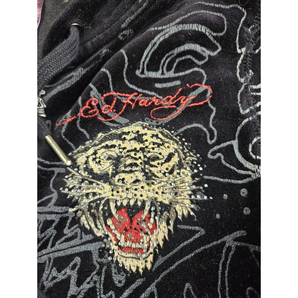 Rare Vtg Ed Hardy Velour Black Christian Audigier Tiger Zip Up Hoodie Sz XS Y2K - Picture 13 of 14